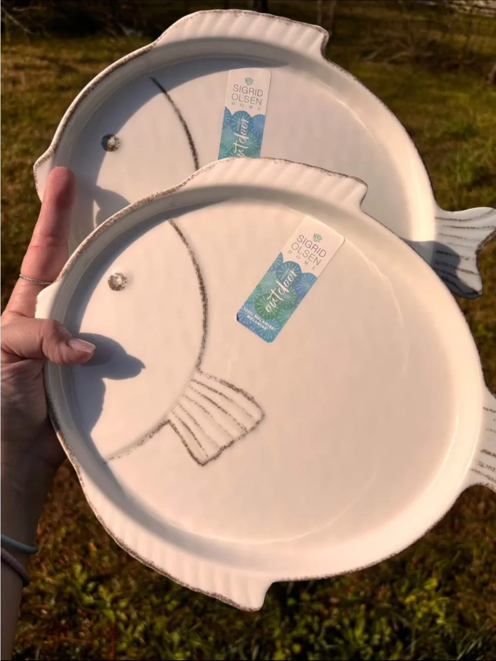 Sigrid Olsen Cream Ceramic Fish Serving Platter with Gray Detailing